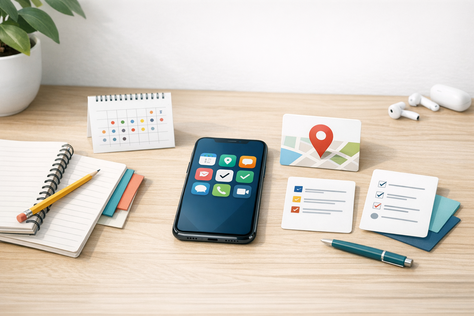 Smartphone, checklist, map card, and notes arranged on a desk