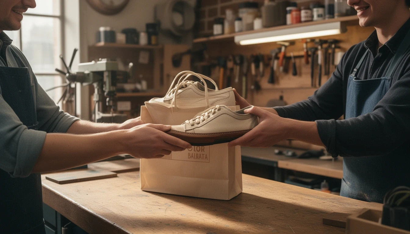 Client récupérant ses chaussures restaurées